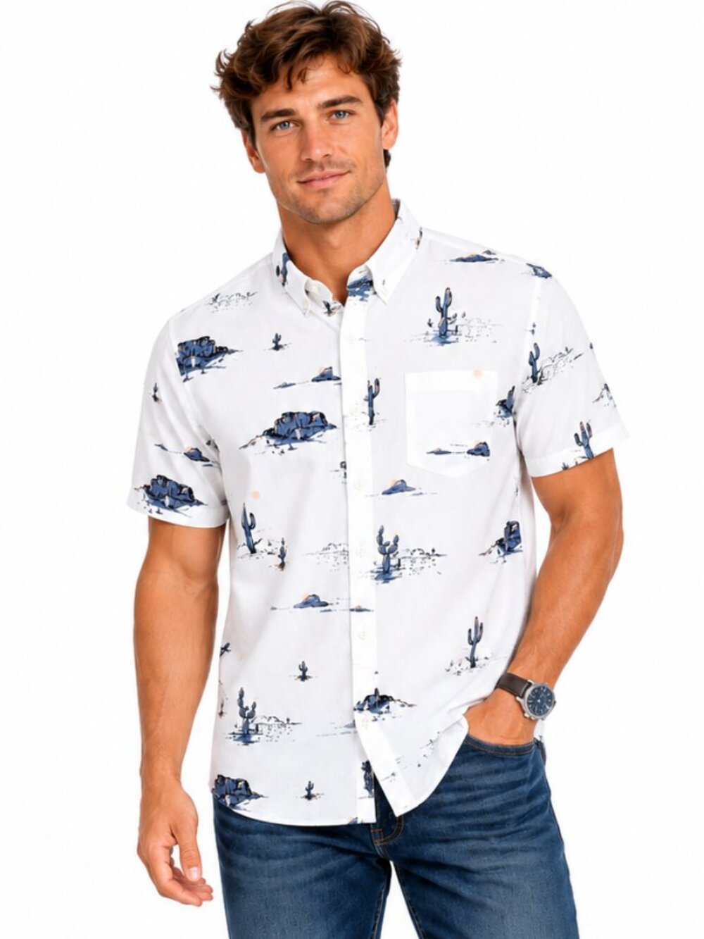 Goodthreads Desert Print Button Front Shirt Mens XXL White Southwest Cactus